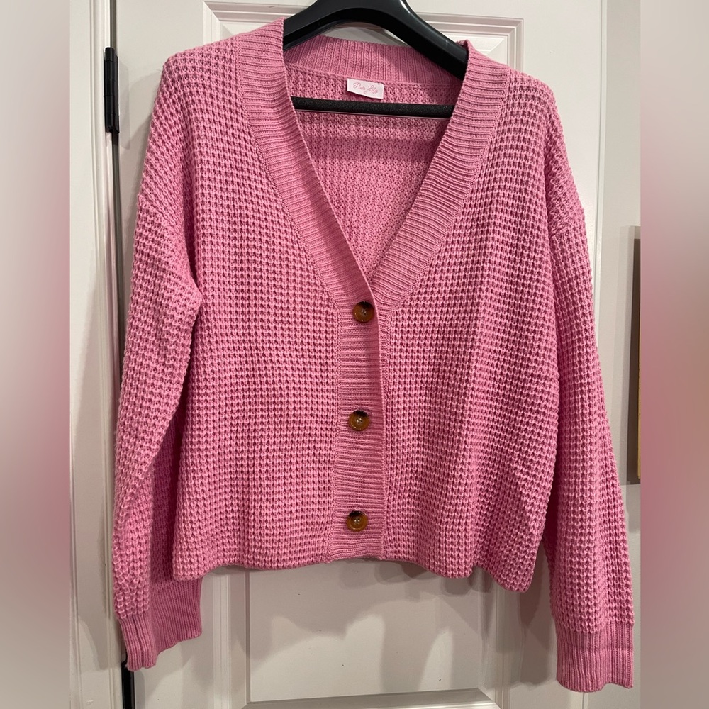 Pink Lily Pink Waffle Knit Button-Front Cardigan